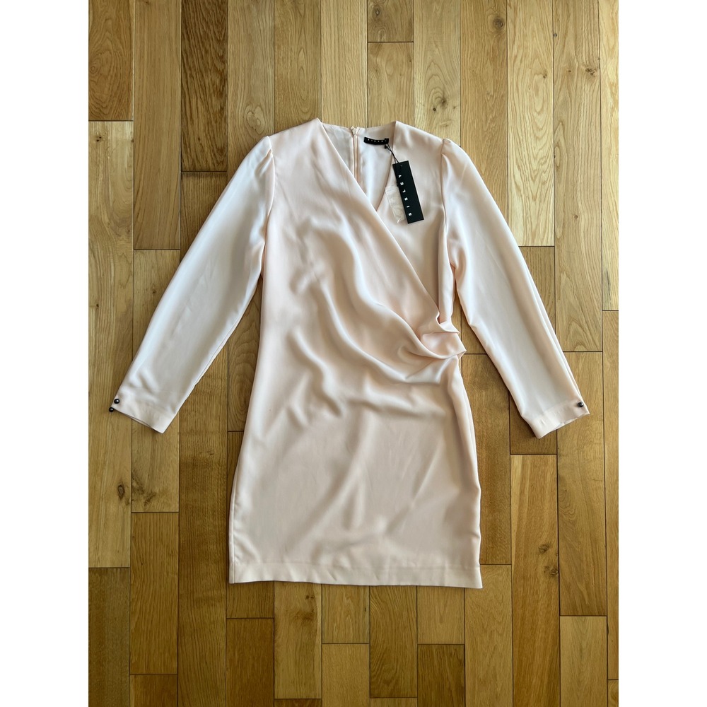 NEW Sisley Long Sleeve Draped Mini Dress Pale Pink V Neck Women's Size US 4